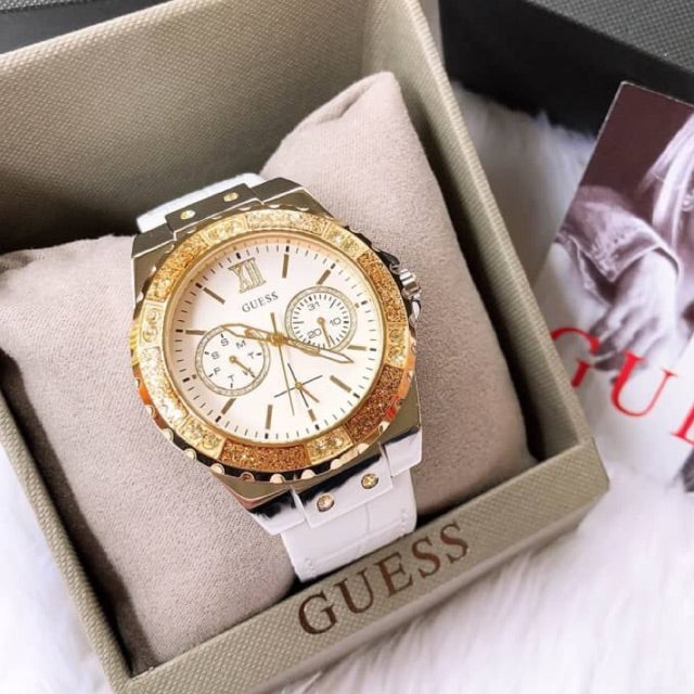 Guess Limelight Quartz Silver Dial White Leather Strap Watch For Women - W0775l8 Buy Now By Guess