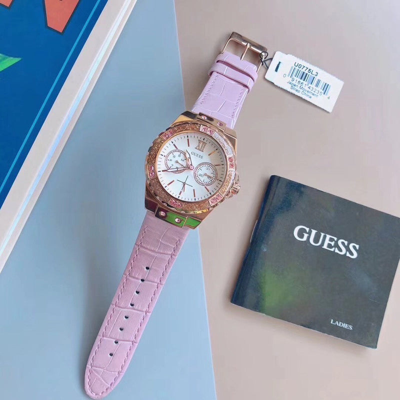 Shop Guess Limelight Quartz Analog White Dial Pink Leather Strap Watch For Women - W0775l3 in USA