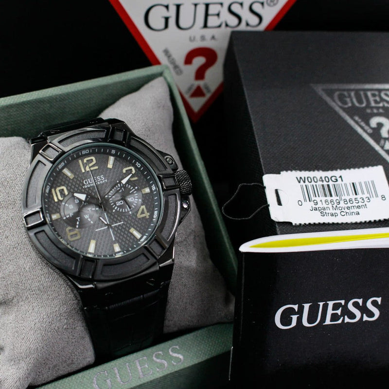 Guess Rigor Analog Black Dial Black Leather Strap Watch For Men - W0040G1 Buy Now By Guess