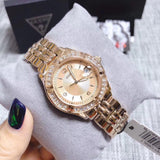 Shop Guess Crystal Diamonds Rose Gold Dial Rose Gold Steel Strap Watch For Women - W11069L1 in USA