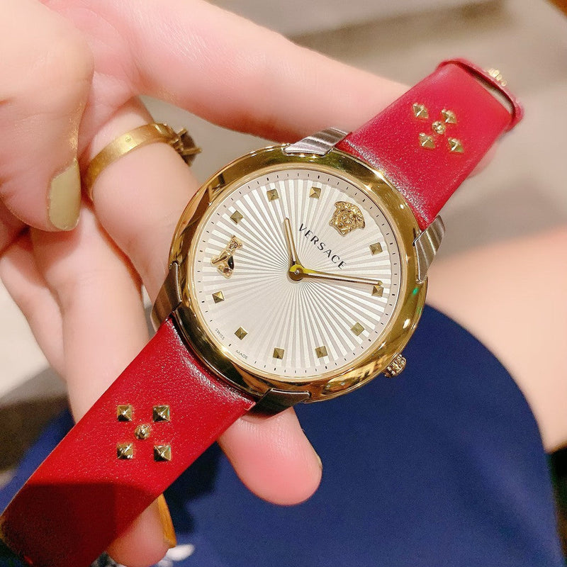 Versace Audrey Quartz Silver Dial Red Leather Strap Watch for Women - VELR00219 Buy Now By Versace