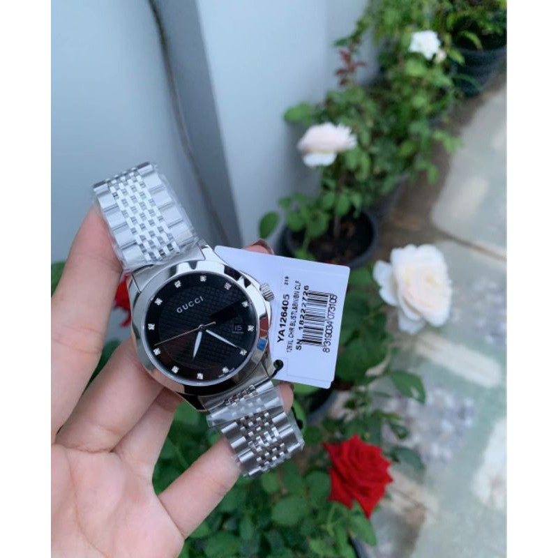 Shop Gucci G Timeless Diamonds Black Dial Silver Steel Strap Watch For Men - YA126405 in USA