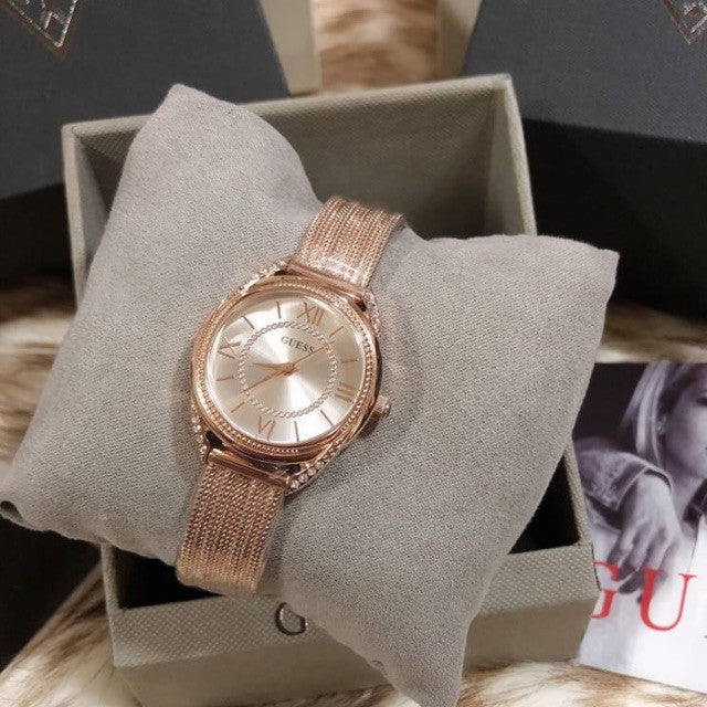Shop Guess Whisper Silver Dial Rose Gold Mesh Bracelet Watch for Women - W1084L3 in USA