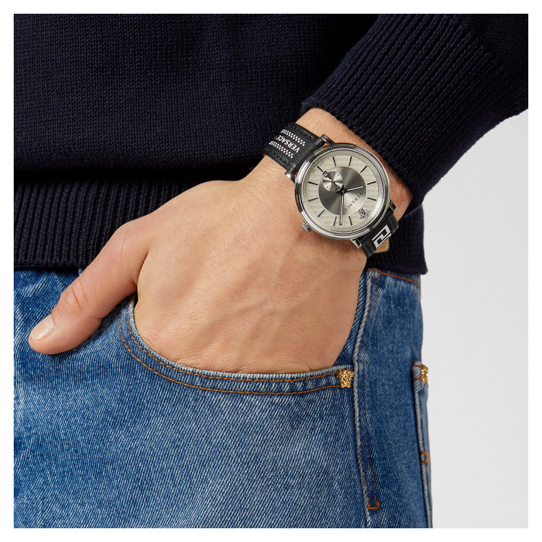 Versace V-Circle Silver Dial Black Leather Strap Watch for Men - VEBQ01219 Buy Now By Versace