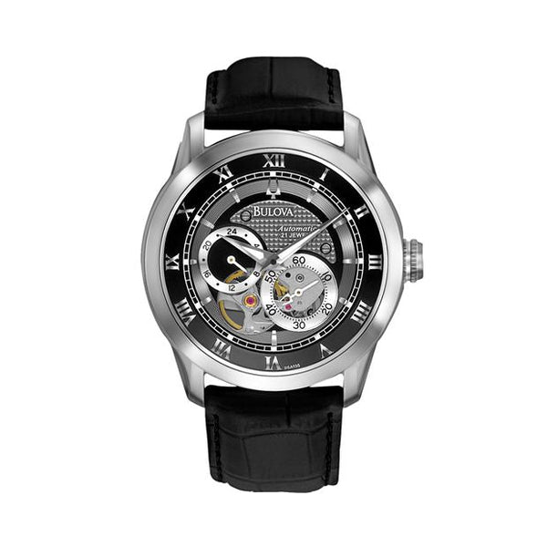 Shop Bulova BVA Classic Automatic Silver Dial Black Leather Strap Watch for Men - 96A135 in USA