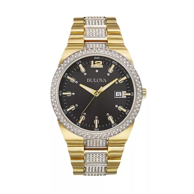 Shop Bulova Crystal Black Dial Two Tone Steel Strap Watch for Men - 98B235 in USA