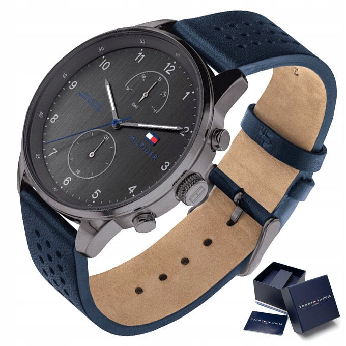 Tommy Hilfiger Chase Grey Dial Blue Leather Strap Watch for Men - 1791578