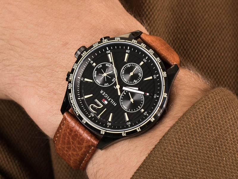 Tommy Hilfiger Gavin Chronograph Quartz Black Dial Brown Leather Strap Watch for Men - 1791470