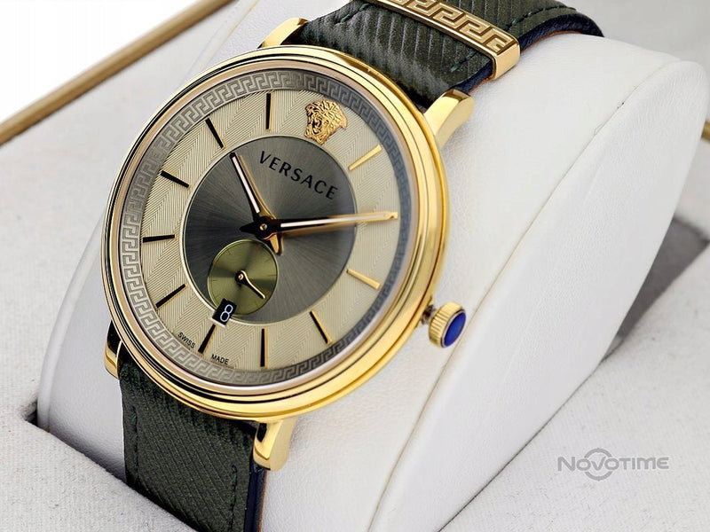 Versace V-Circle Manifesto Gold Dial Black Leather Strap Watch for Men - VBQ030017 Buy Now By Versace