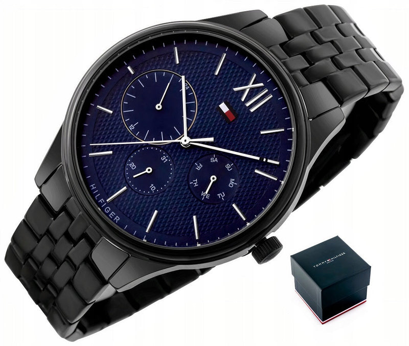 Shop Tommy Hilfiger Damon Quartz Chronograph Blue Dial Black Steel Strap Watch for Men - 1791454 in USA