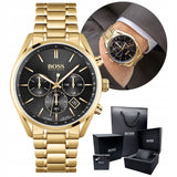 Hugo Boss Champion Chronograph Black Dial Gold Steel Strap Watch for Men - 1513848