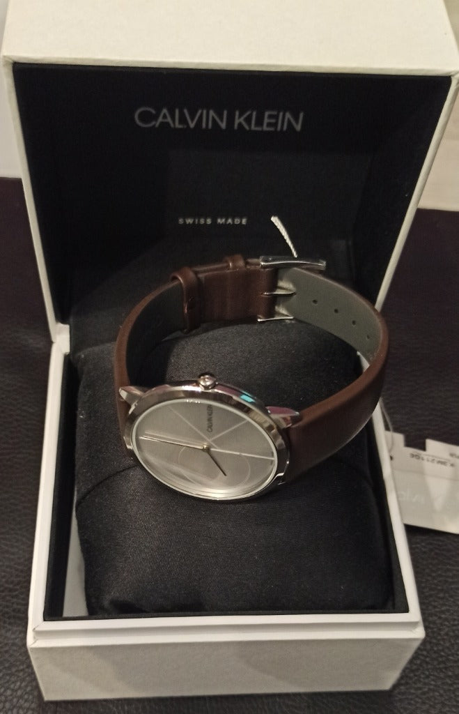 Calvin Klein Minimal Silver Dial Brown Leather Strap Watch for Men - K3M211G6 Buy Now By Calvin Klein