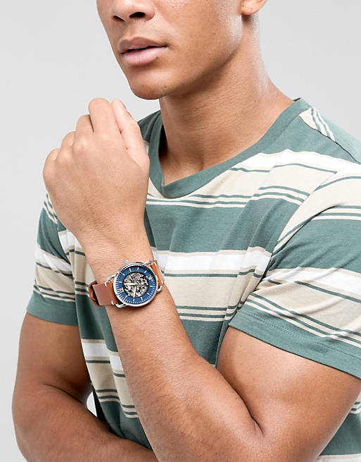 Fossil Commuter Automatic Skeleton Blue Dial Brown Leather Strap Watch for Men - ME3159 Buy Now By Fossil