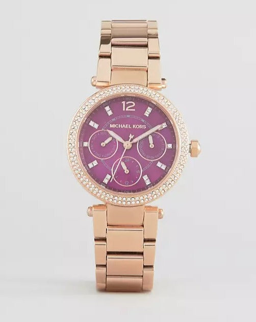 Michael Kors Mini Parker Multi-Function Plum Mother of Pearl Dial Rose Gold Steel Strap Watch For Women - MK6403 Buy Now By Michael Kors