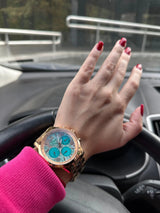 Guess Mini Sunrise Multi Function Analog Turquoise Dial Rose Gold Steel Strap Watch For Women - W0448L8 Buy Now By Guess