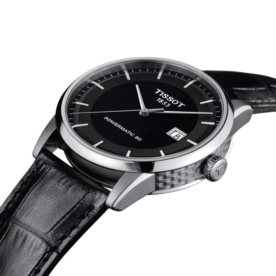 Tissot T Classic Luxury Powermatic 80 Black Dial Black Leather Strap Watch For Men - T086.408.16.051.00
