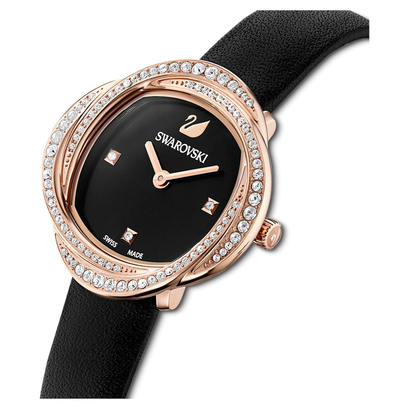 Shop Swarovski Crystal Flower Black Dial Black Leather Strap Watch for Women - 5552421 in USA