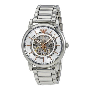 Emporio Armani Meccanico Skeleton Silver Dial Silver Steel Strap Watch For Men - AR1980