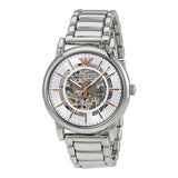 Emporio Armani Meccanico Skeleton Silver Dial Silver Steel Strap Watch For Men - AR1980