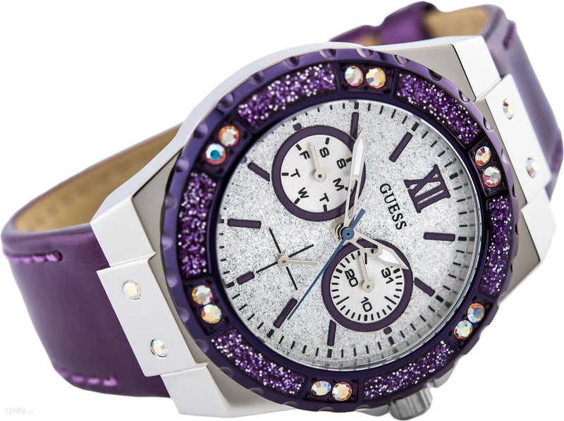 Shop Guess Limelight Quartz Silver Dial Purple Leather Strap Watch For Women - W0775L6 in USA