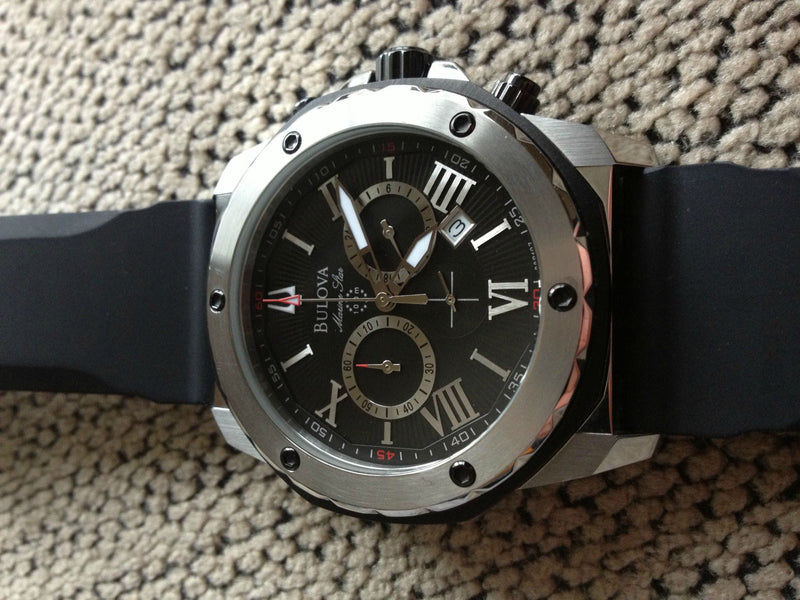 Bulova Marine Star Chronograph Black Dial Black Rubber Strap Watch for Men - 98B127 Buy Now By Bulova