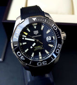 Shop Tag Heuer Aquaracer Calibre 5 Automatic Black Dial Black Rubber Strap Watch for Men - WAY201A.FT6142 in USA
