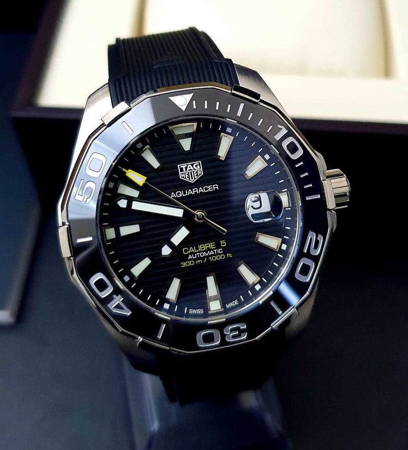 Shop Tag Heuer Aquaracer Calibre 5 Automatic Black Dial Black Rubber Strap Watch for Men - WAY201A.FT6142 in USA