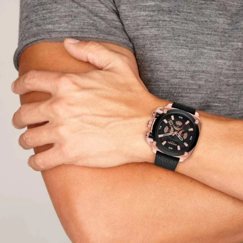 Diesel BAMF Chronograph Black Dial Black Leather Strap Watch For Men - DZ7346 Buy Now By Diesel