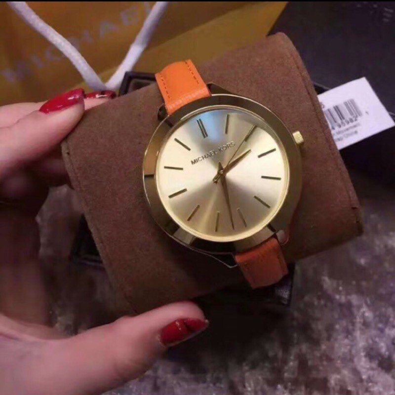 Shop Michael Kors Runway Quartz Gold Dial Orange Leather Strap Watch For Women - MK2275 in USA