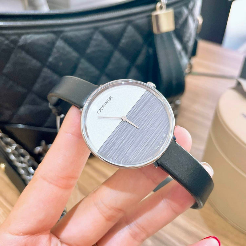 Calvin Klein Rise White Grey Dial Black Leather Strap Watch for Women - K7A231C3 Buy Now By Calvin Klein