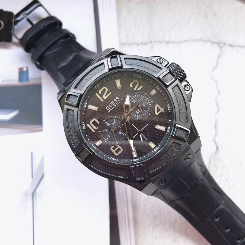 Guess Rigor Analog Black Dial Black Leather Strap Watch For Men - W0040G1 Buy Now By Guess