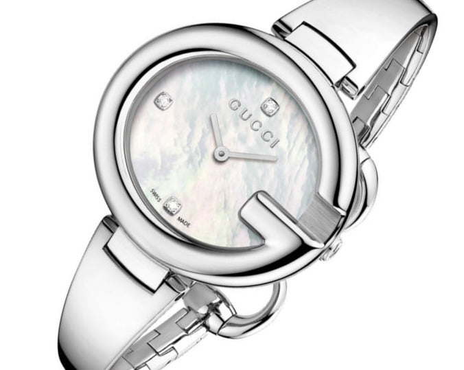 Shop Gucci Guccissima Diamonds Mother of Pearl Dial Silver Steel Strap Watch For Women - YA134303 in USA