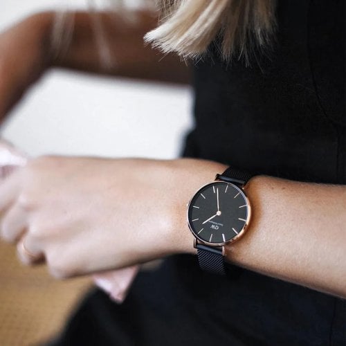 Daniel Wellington Petite Ashfield Black Dial Black Mesh Bracelet Watch Watch For Women - DW00100201 Buy Now By Daniel Wellington
