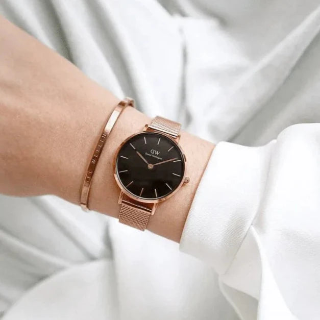 Daniel Wellington Petite Melrose Black Dial Rose Gold Mesh Strap Watch For Women - DW00100303 Buy Now By Daniel Wellington
