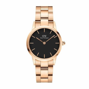 Daniel Wellington Iconic Link Analog Black Dial Rose Gold Steel Strap Watch For Women - DW00100214