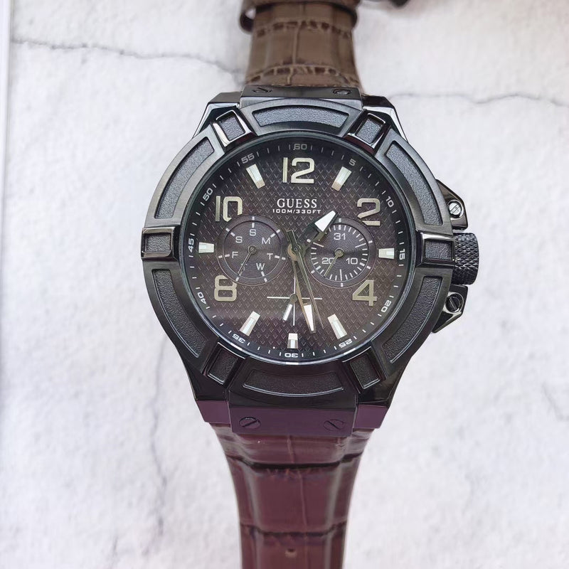 Guess Rigor Analog Quartz Black Dial Brown Leather Strap Watch For Men - W0040G2 Buy Now By Guess