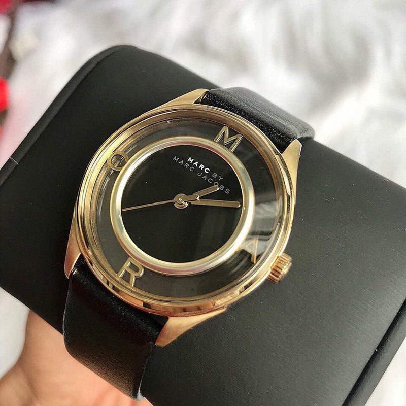 Marc Jacobs Tether Black Dial Black Leather Strap Watch for Women - MBM1376 Buy Now By Marc Jacobs