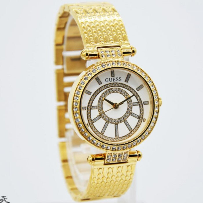Guess Muse Crystals White Dial Rose Gold Steel Strap Watch For Women - W1008L2