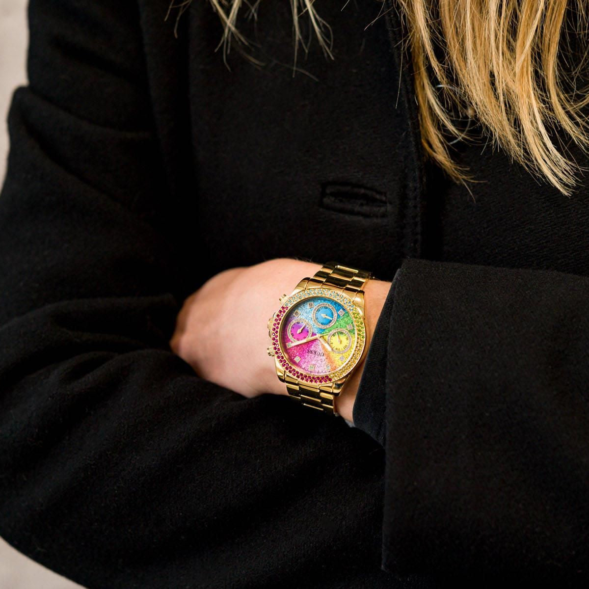 Guess Confetti Chronograph Rainbow Dial Gold Steel Strap Watch For Women  - GW0483L4