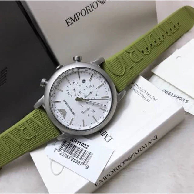 Shop Emporio Armani Chronograph White Dial Green Rubber Strap Watch For Men - AR11022 in USA