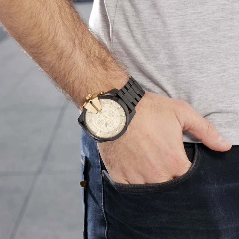 Diesel Mega Chief Chronograph Gold Dial Black Steel Strap Watch For Men - DZ4485 Buy Now By Diesel