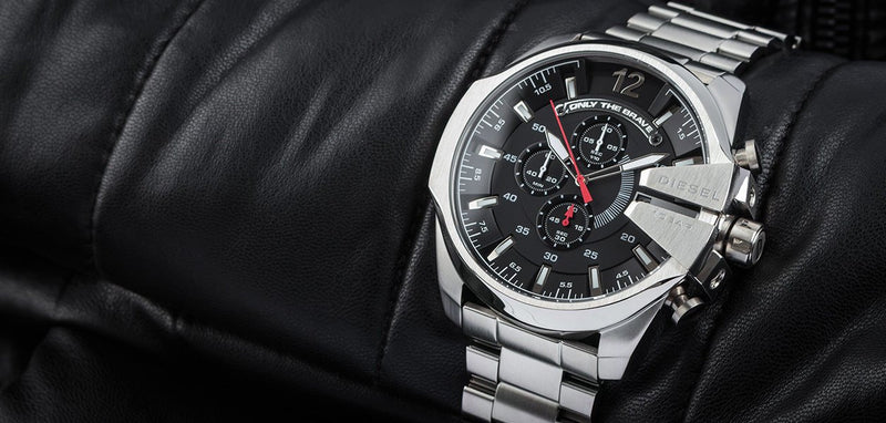 Diesel Mega Chief Chronograph Black Dial Silver Steel Strap Watch For Men - DZ4308 Buy Now By Diesel
