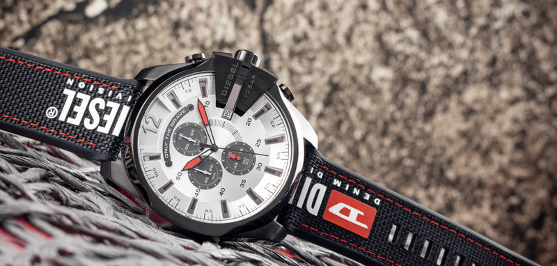 Diesel Mega Chief Chronograph Silver Dial Black Leather Strap Watch For Men - DZ4512