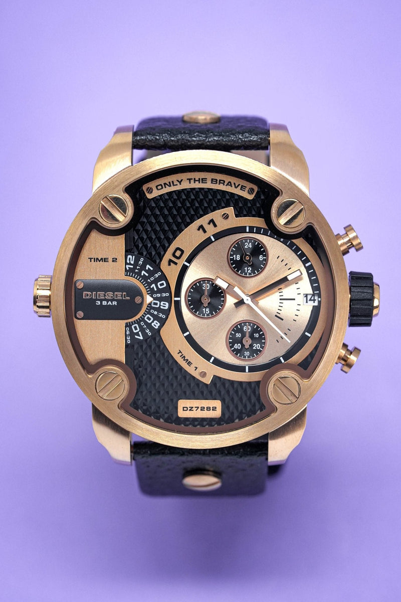 Diesel Little Daddy Black & Gold Dial Black Leather StrapWatch For Men - DZ7282 Buy Now By Diesel