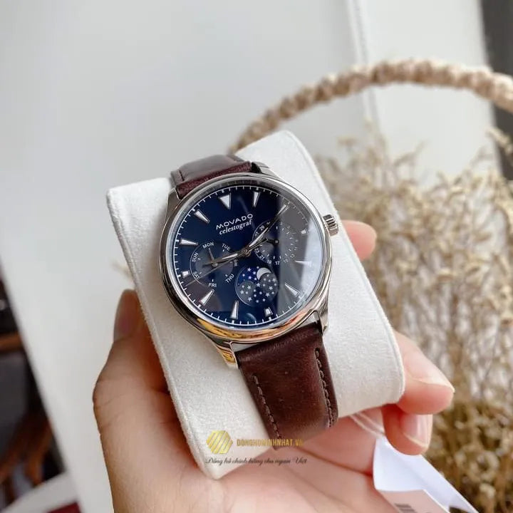 Movado Heritage Moonphase Blue Dial Brown Leather Strap Watch For Women - 3650009 Buy Now By Movado