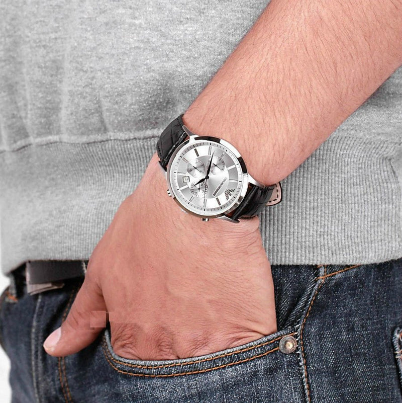 Emporio Armani Classic Chronograph Silver Dial Black Leather Strap Watch For Men - AR2432 Buy Now By Emporio Armani