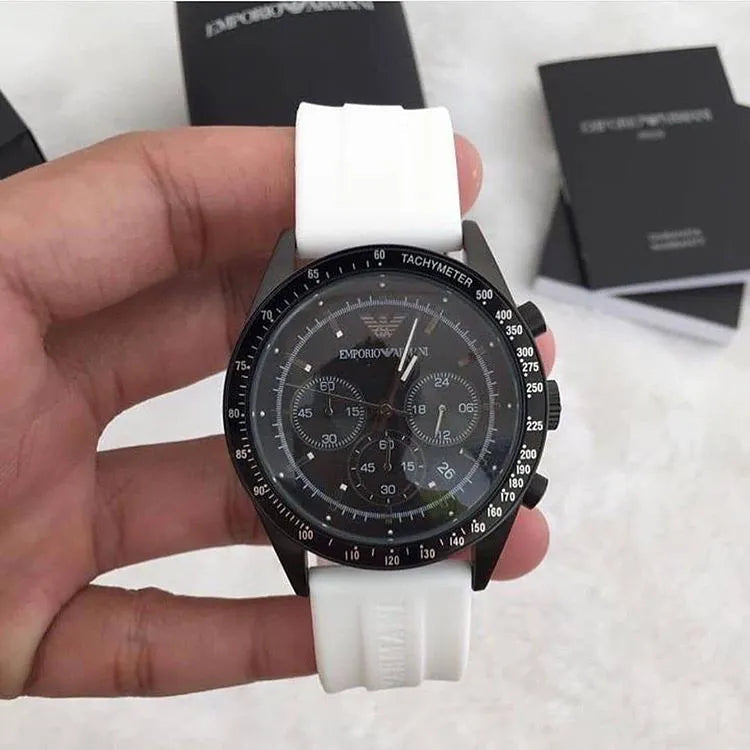 Emporio Armani Sportivo Chronograph Black Dial White Rubber Strap Watch For Men - AR6112 Buy Now By Emporio Armani