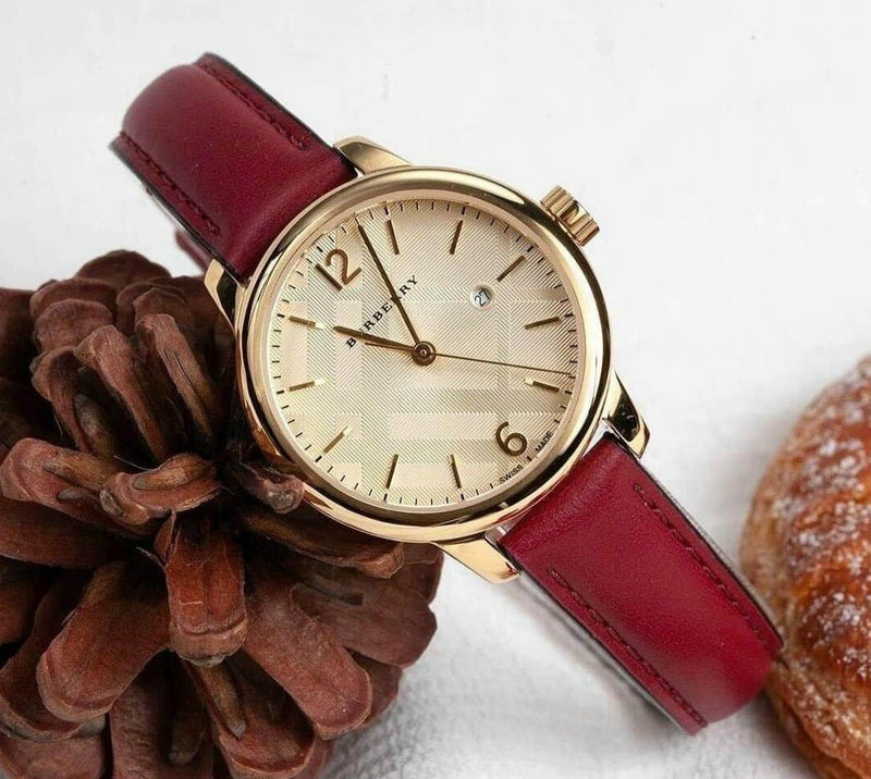 Shop Burberry The Classic Gold Dial Red Leather Strap Watch for Women - BU10102 in USA