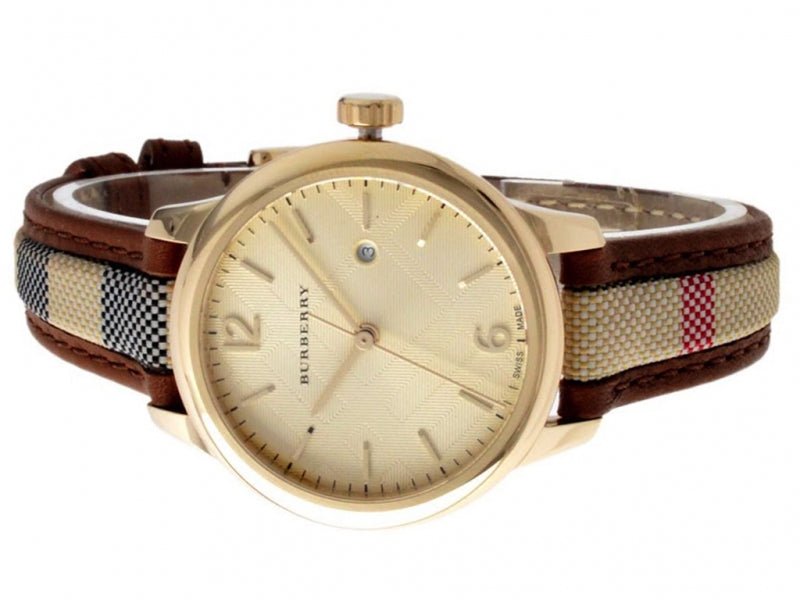 Shop Burberry The Classic Gold Dial Brown Leather Strap Watch for Women - BU10114 in USA