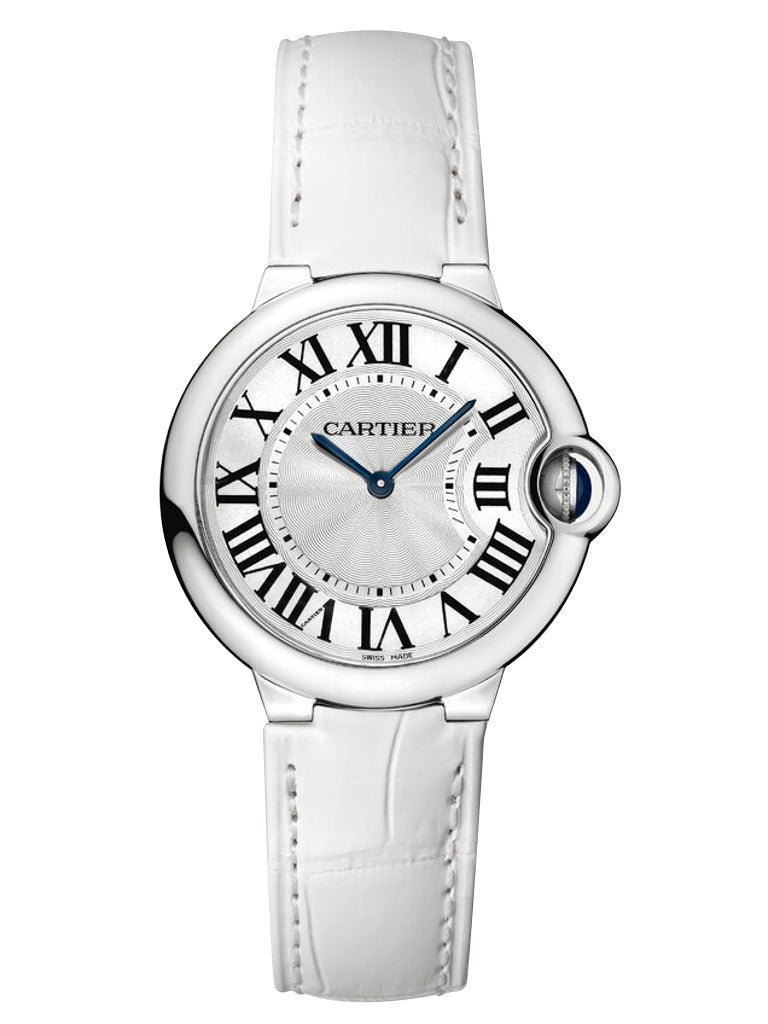 Shop Cartier Ballon Bleu de Cartier Silver Dial White Leather Strap Watch for Women - W6920087 in USA